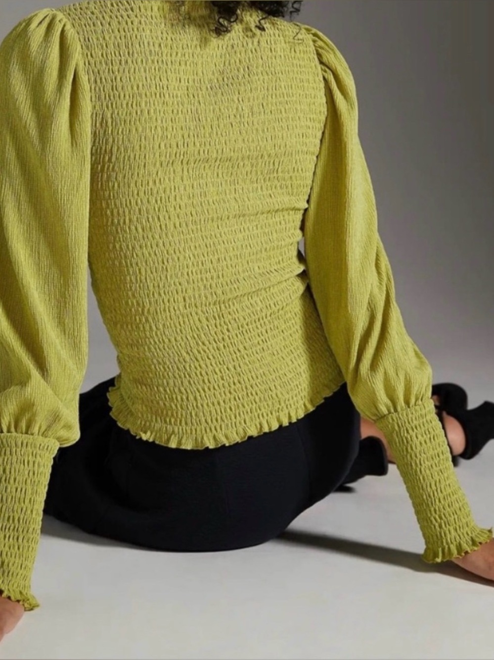Anthropologie Textured Smocked Puff Sleeve Blouse Guacamole Green XL Long-Sleeve - Picture 3 of 16